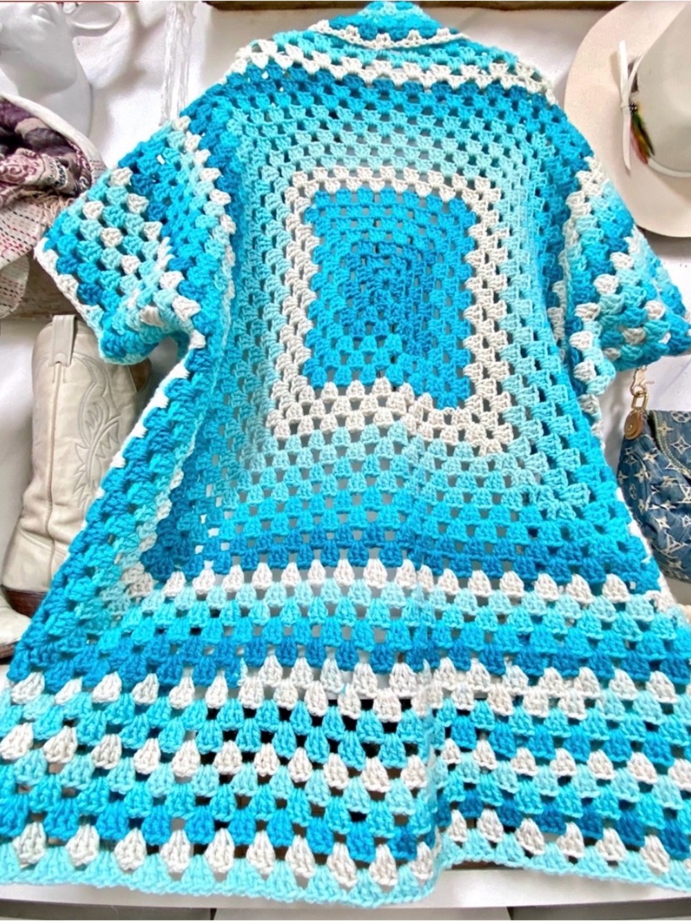 Hand-Crocheted Open Front Cardigan Sweater - Turquoise & Cream - Picture 8 of 10